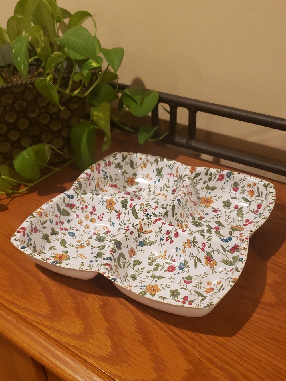 Vintage Floral Divided Serving Dish - White with Multicolor Flowers